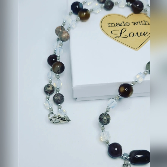 Black Agate, Jasper, Pearl and Om charm necklace - Picture 3 of 4